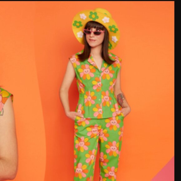 ModCloth x Marisol Muro Retro Cat Flower Print Top S - Picture 3 of 4